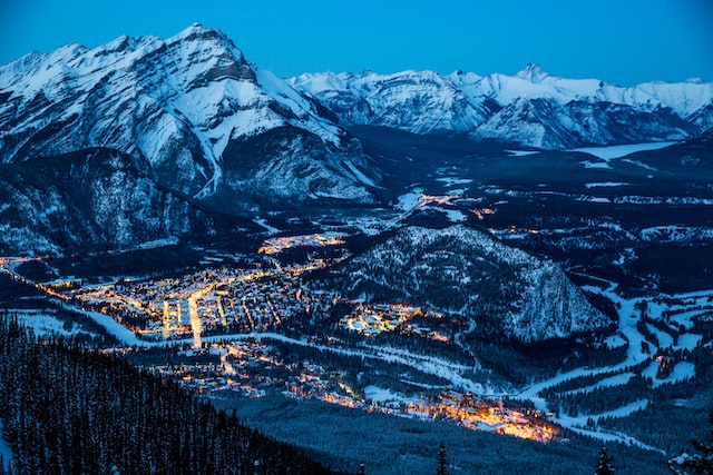 View looking down on downtown Banff right before dark